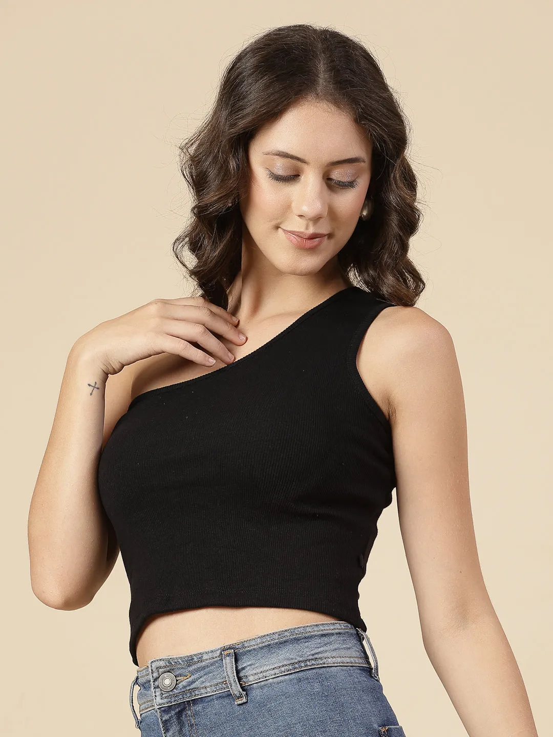 Cutout Elegance Solid Cotton Rib Knit Crop Top