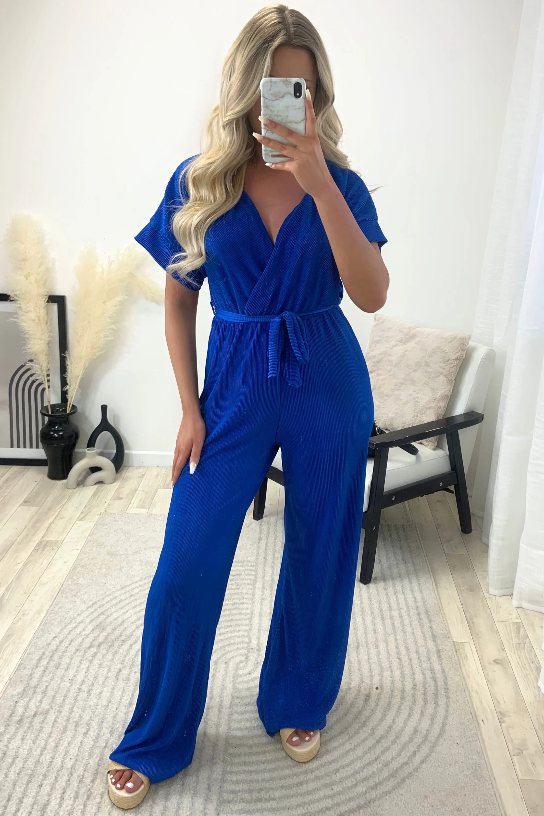 Danica Royal Blue Tie Belt Wrap Plisse Wide Leg Jumpsuit