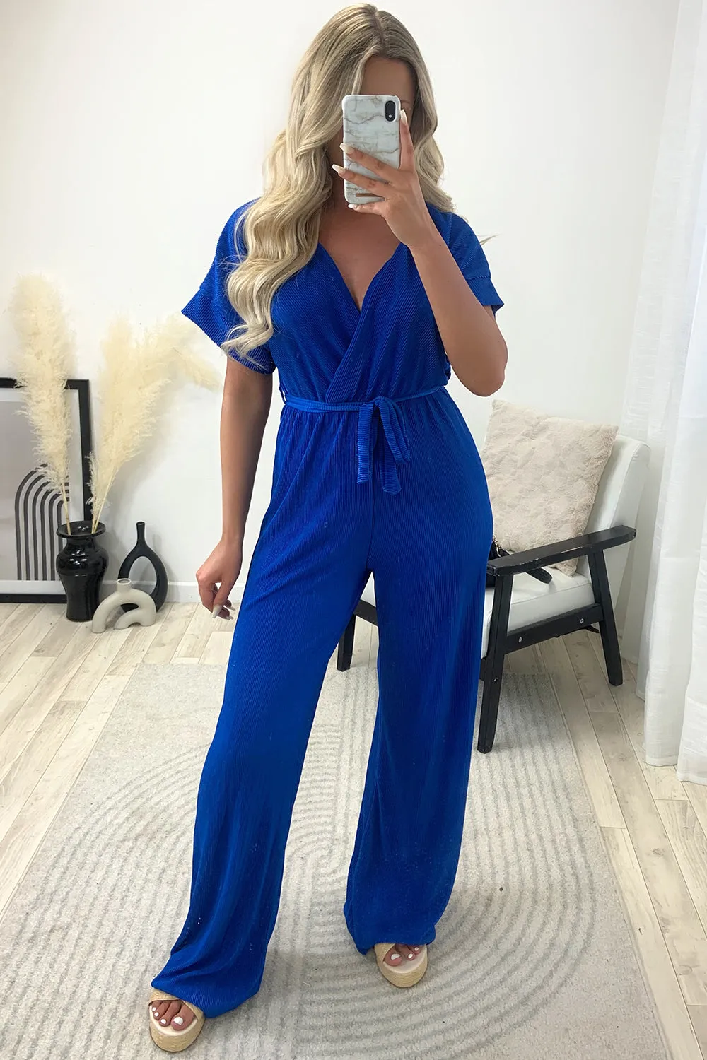 Danica Royal Blue Tie Belt Wrap Plisse Wide Leg Jumpsuit