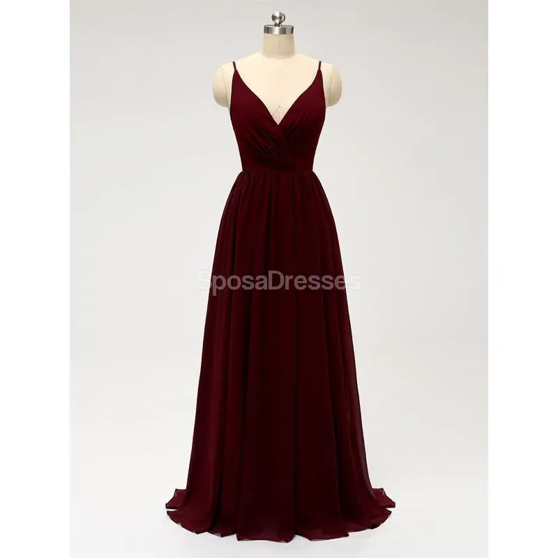 Dark Red Spaghetti Straps Chiffon Open Back Cheap Bridesmaid Dresses, WG584