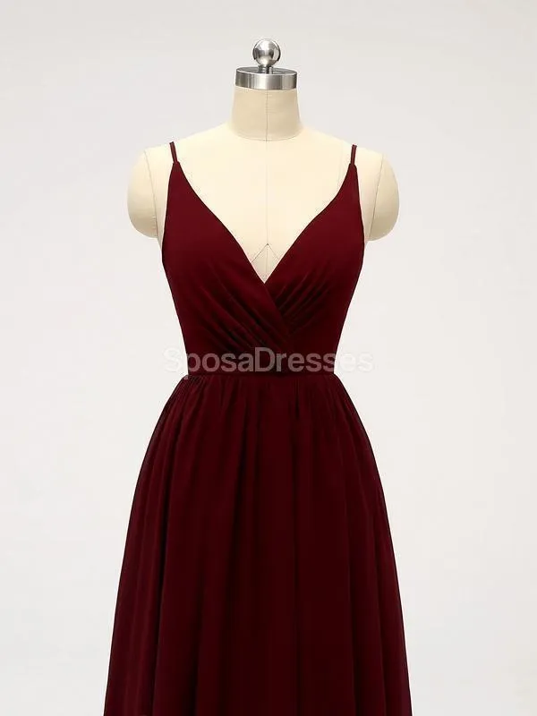 Dark Red Spaghetti Straps Chiffon Open Back Cheap Bridesmaid Dresses, WG584