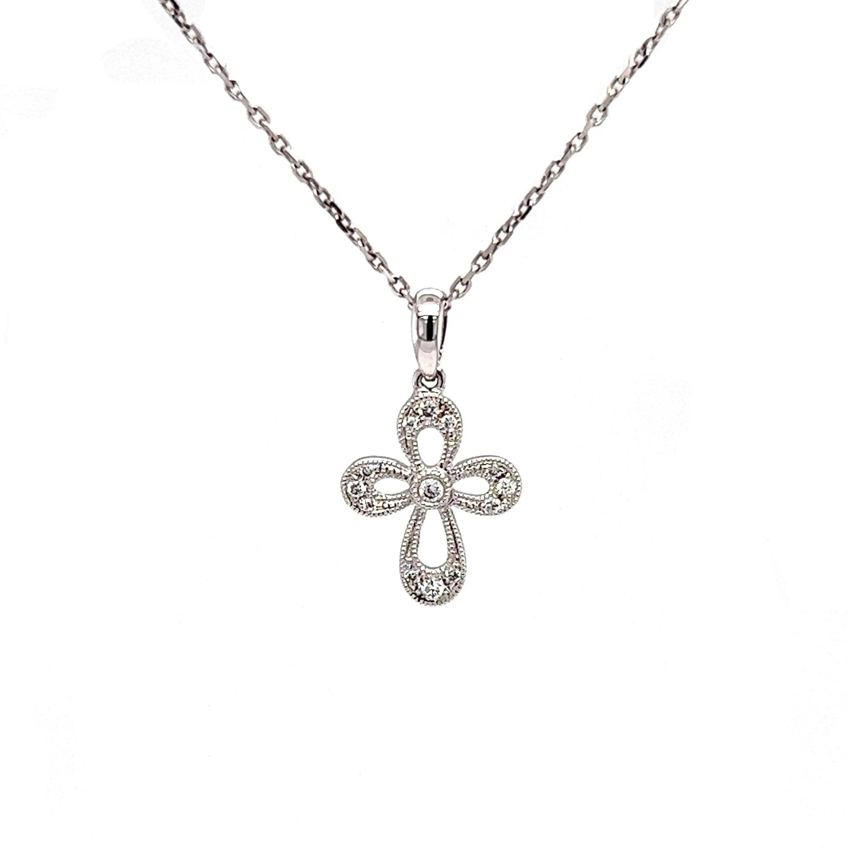 Diamond Cross with Milgrain Details in 14K White Gold