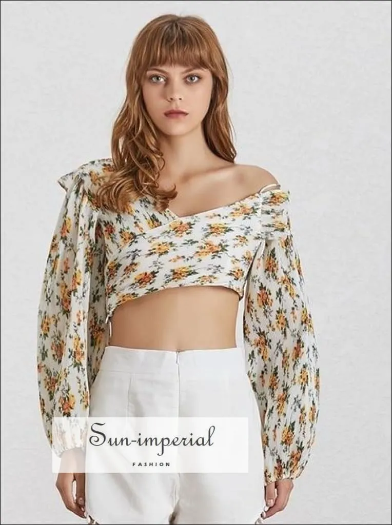 Diana top - Floral Print Women Shirt off Shoulder V Neck Lantern Sleeve Pleated Crop top