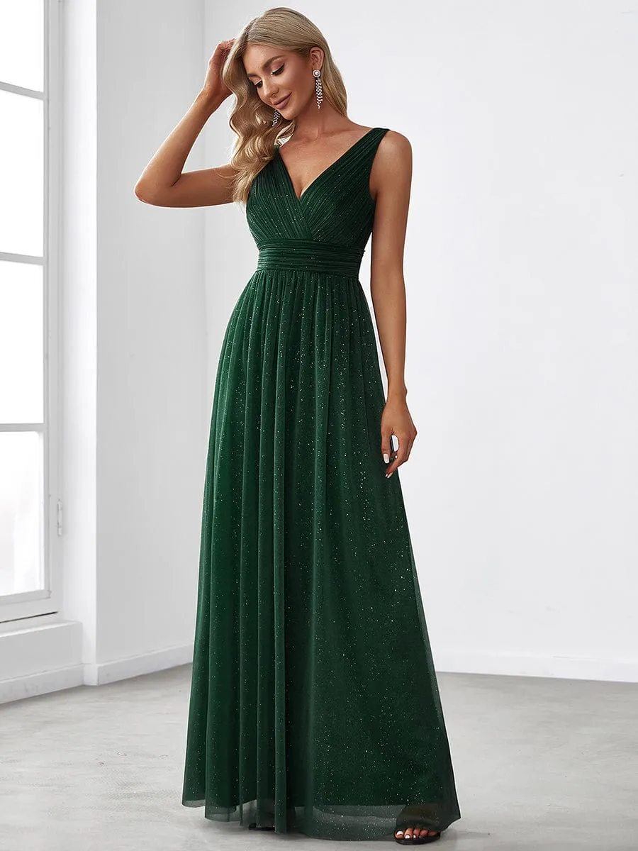 Double V Neck Floor Length Sparkly Evening Dresses for Party