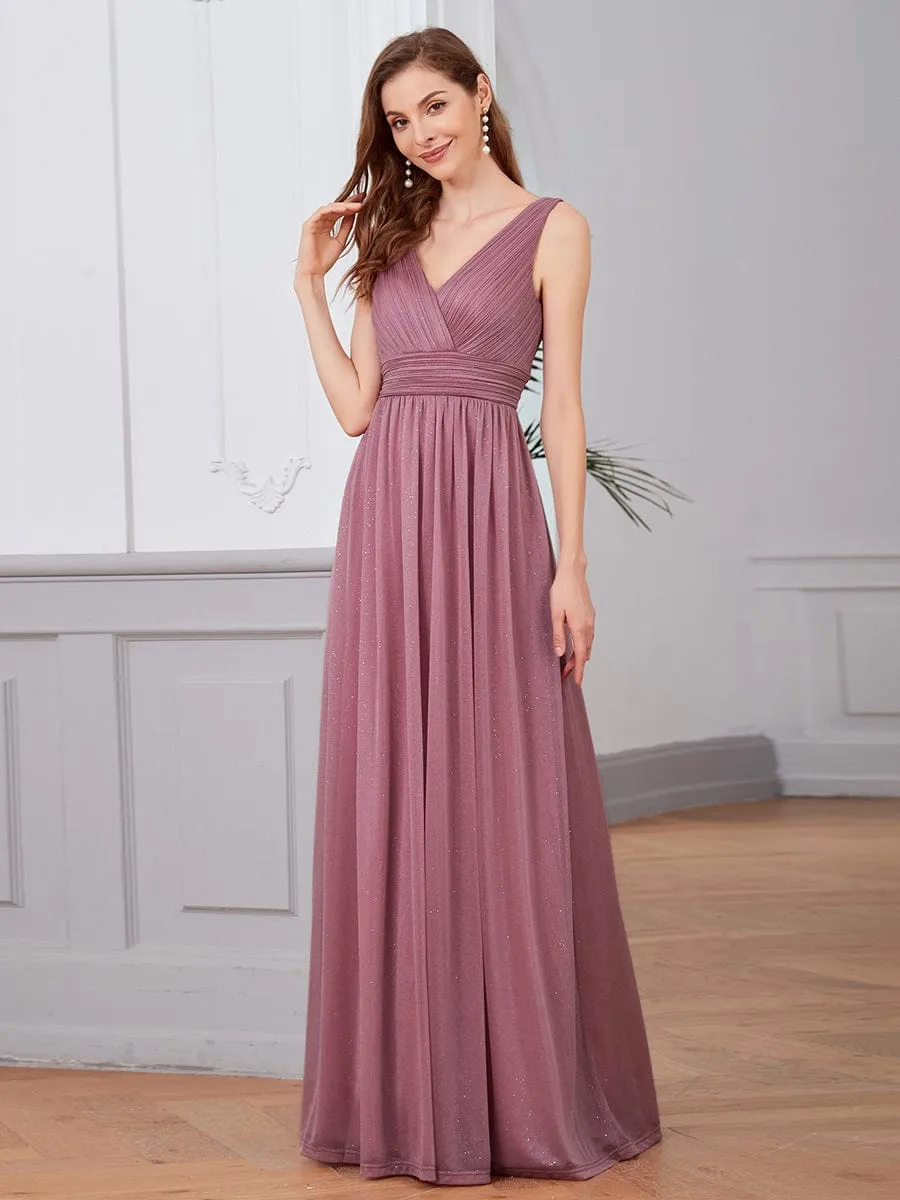 Double V Neck Floor Length Sparkly Evening Dresses for Party