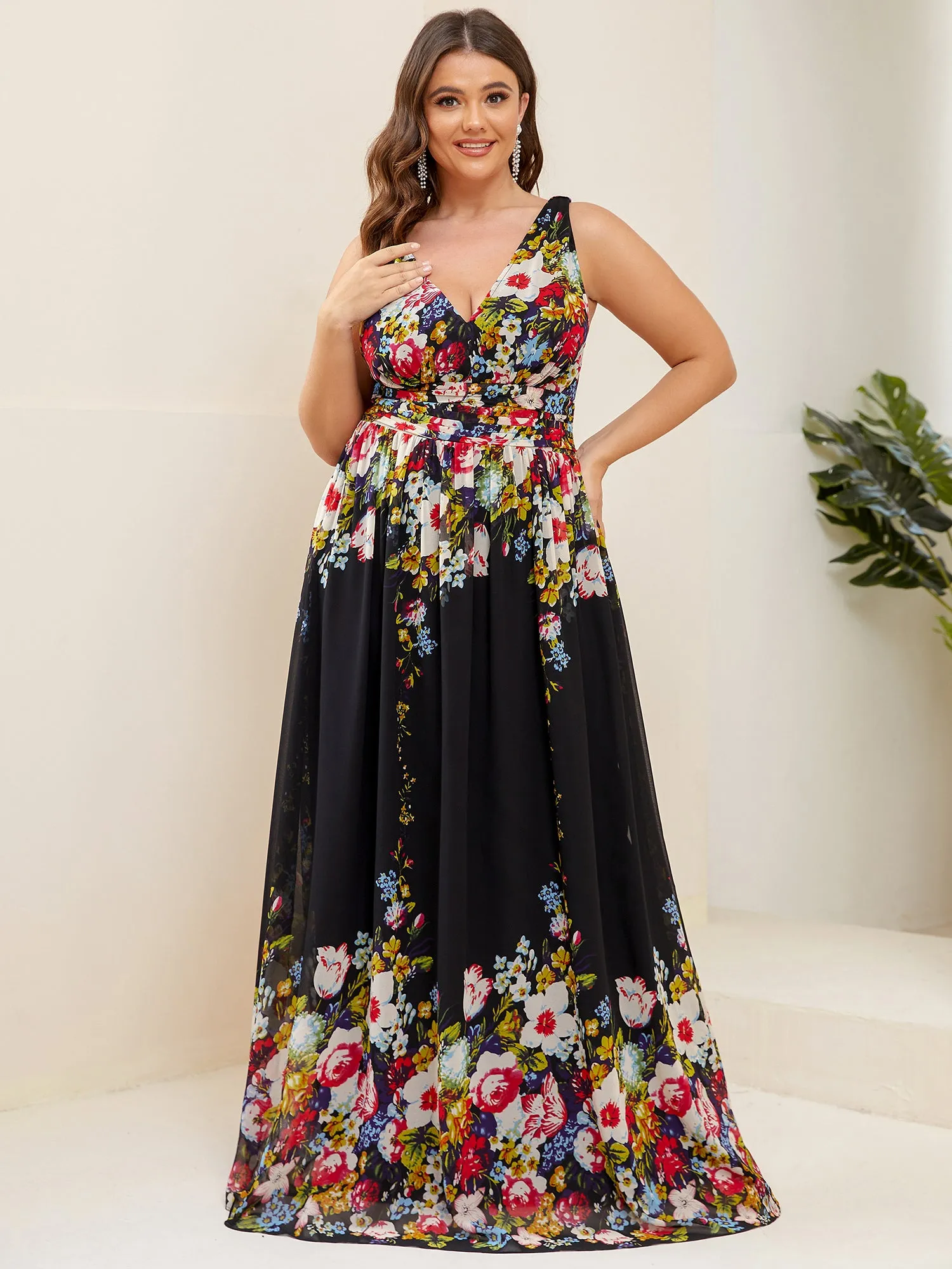 Double V-Neck Maxi Long Wholesale Plus Size Evening Dresses