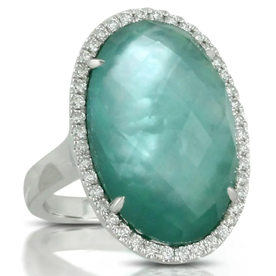 Doves Cypress Grove Green Quartz Mother of Pearl, & Agate Oval White Gold Ring with Diamond Halo