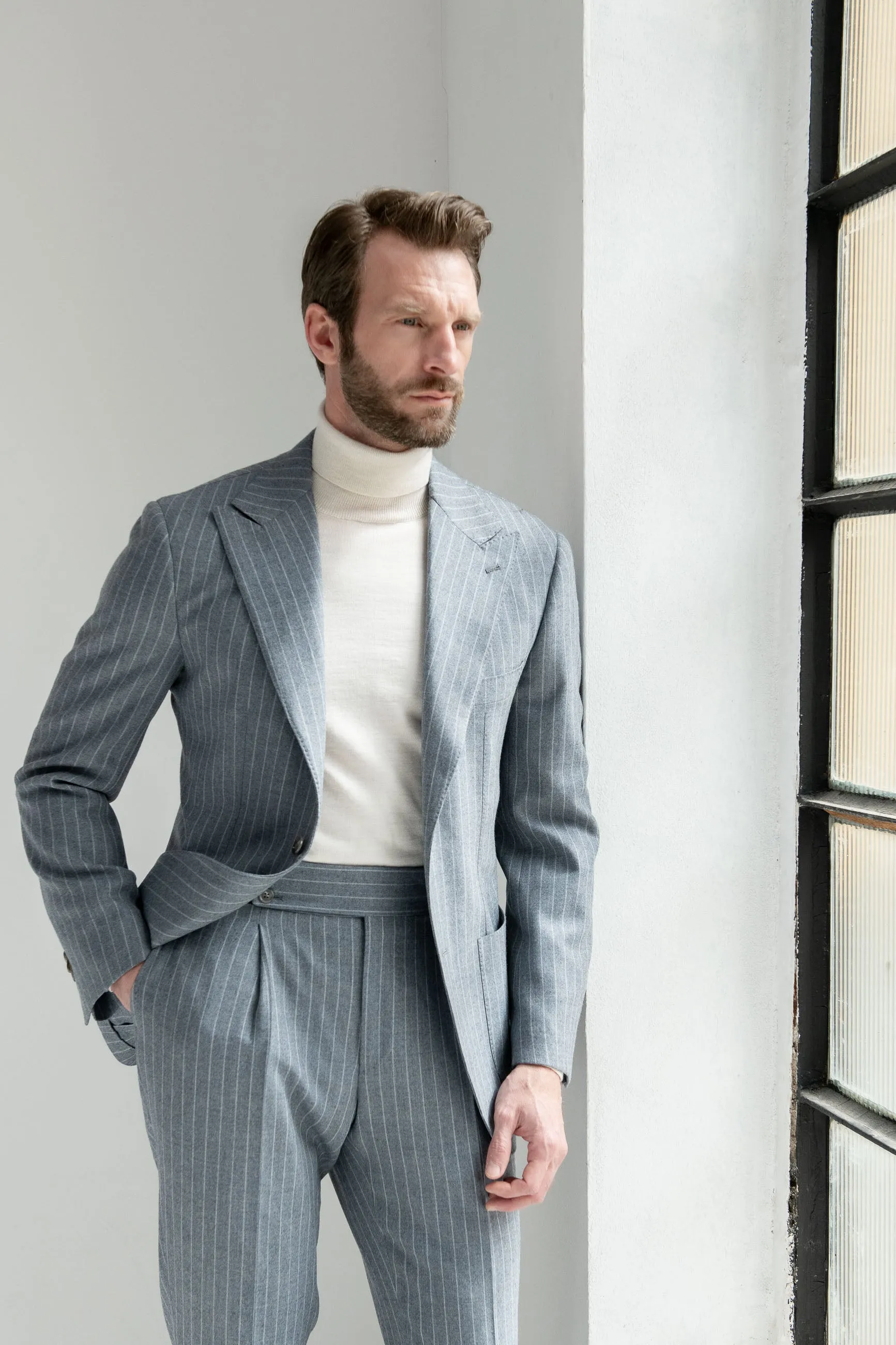 Dusty blue striped 130'S suit - Made in Italy