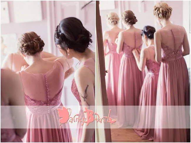 Dusty Rose Lace Top Chiffon See Through Neck Long A-line Bridesmaid Dresses,DB113