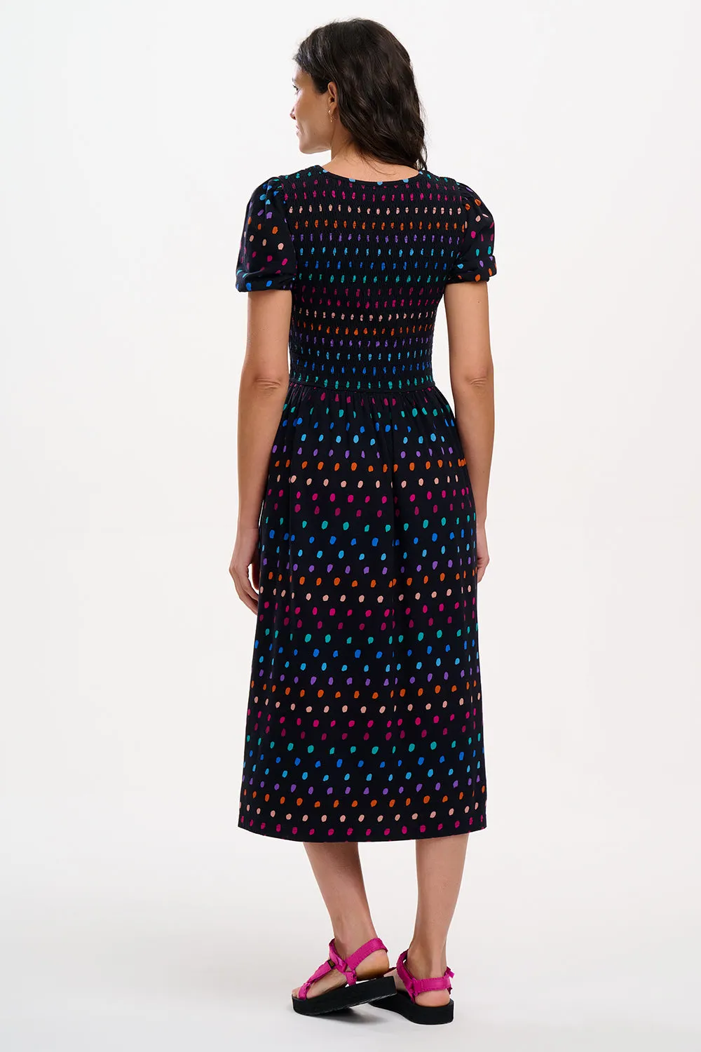 Edina Jersey Shirred Midi Dress - Black, Rainbow Painterly Spot