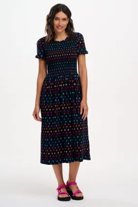 Edina Jersey Shirred Midi Dress - Black, Rainbow Painterly Spot