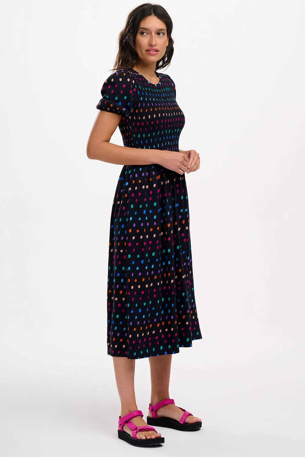 Edina Jersey Shirred Midi Dress - Black, Rainbow Painterly Spot