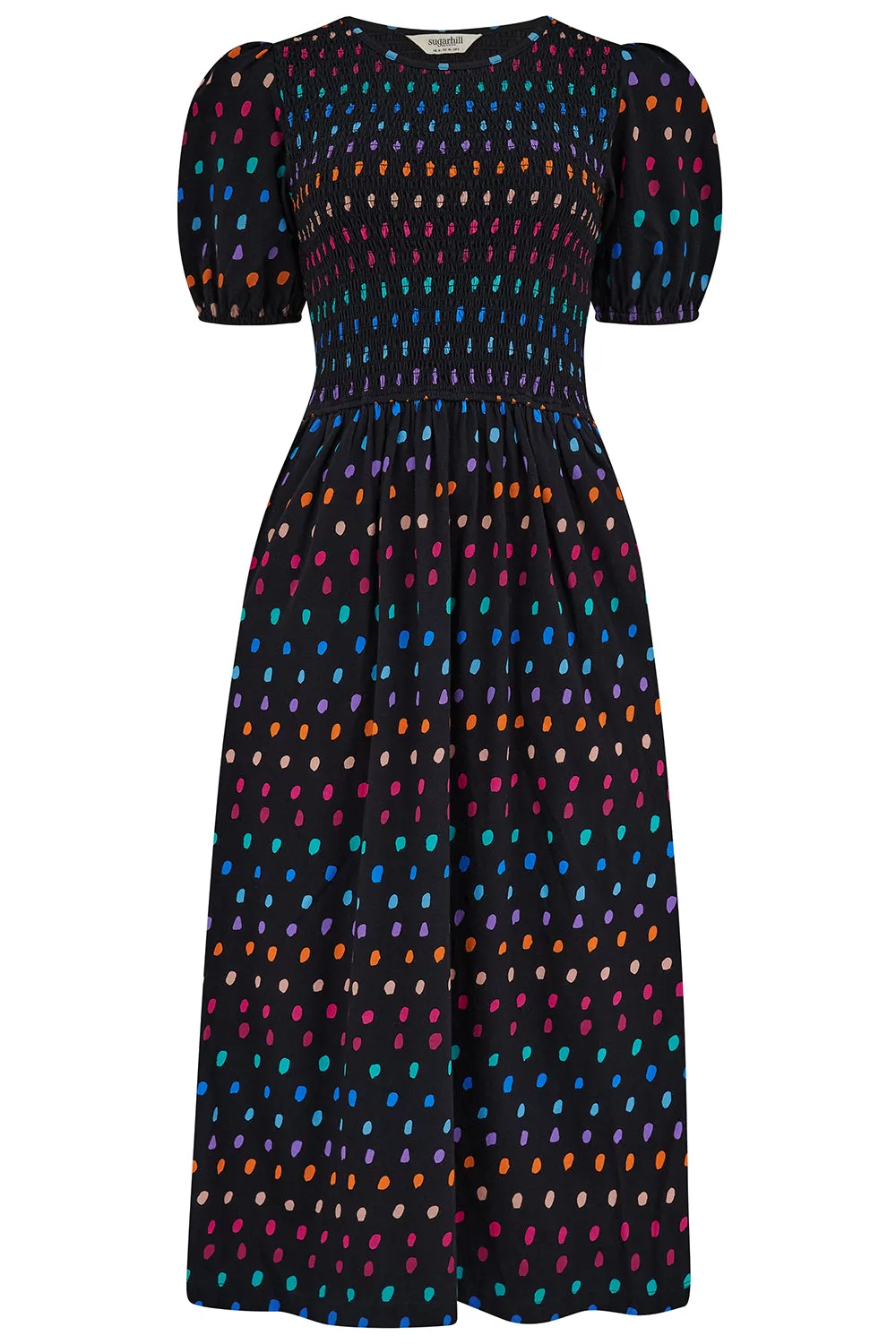 Edina Jersey Shirred Midi Dress - Black, Rainbow Painterly Spot