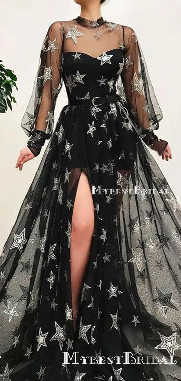 Elegant Chaming New Arrival Illusion Neckline Long Sleeves Black Tulle Long Cheap Formal Evening Prom Dresses, TYP0128