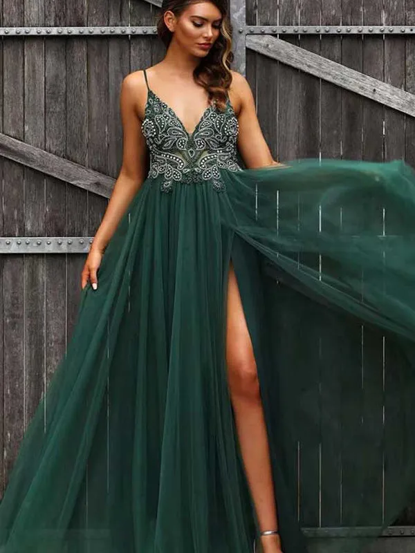 Elegant Dark Green V-neck Tulle Slit A-line Long Prom Dresses, PDS0118