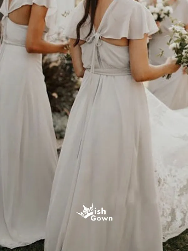 Elegant Light Grey V-neck Short Sleeves Long Chiffon Bridesmaid Dresses, YPS158