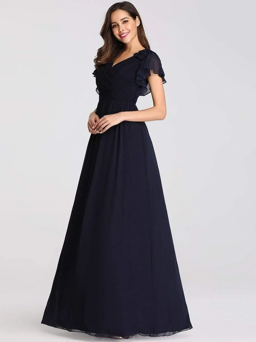 Elegant Pleated Bodice Ruffles Sleeves Chiffon Evening Dress