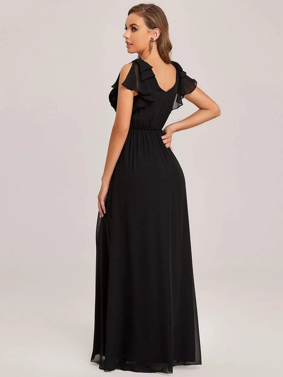 Elegant Pleated Bodice Ruffles Sleeves Chiffon Evening Dress