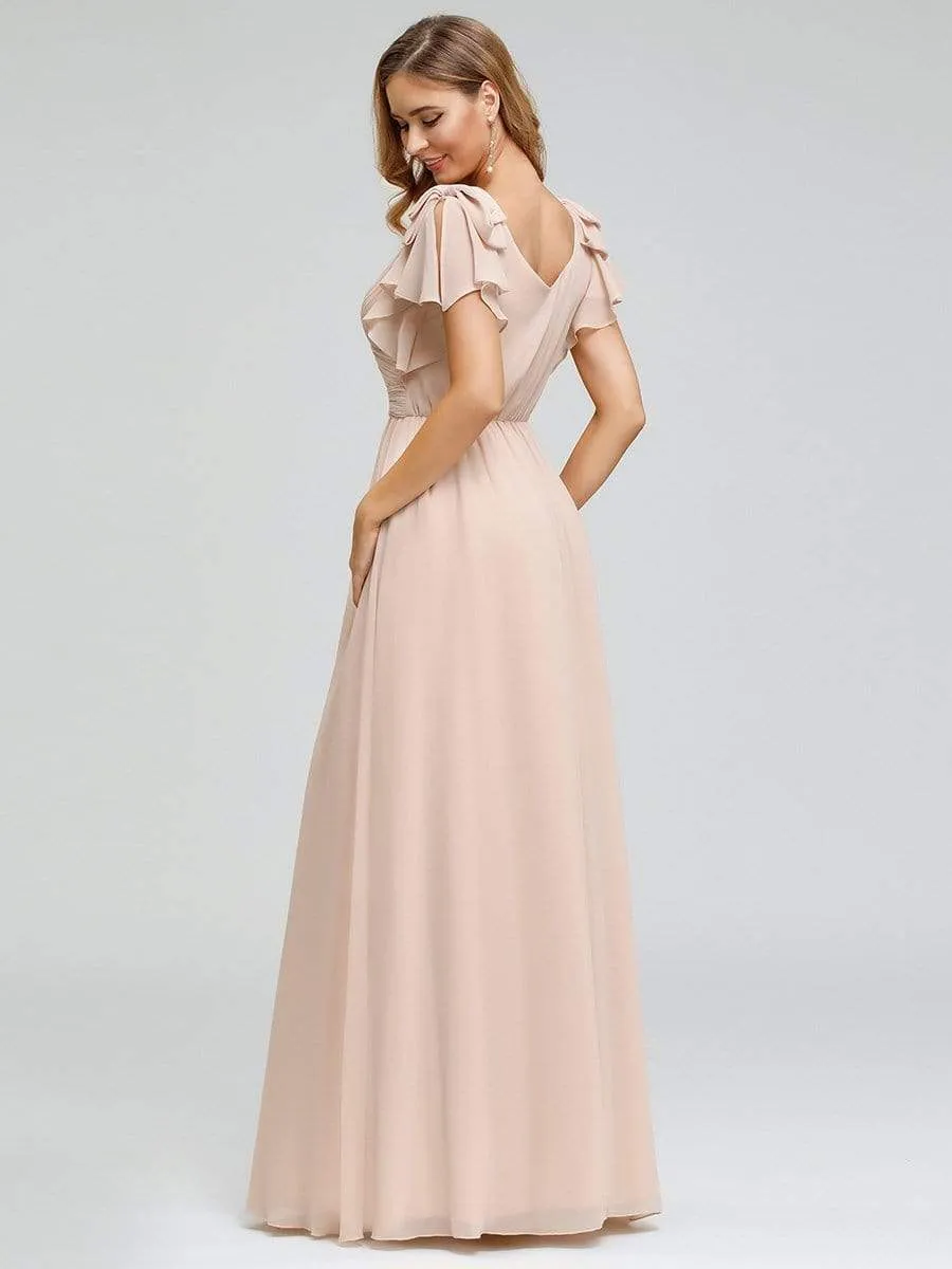 Elegant Pleated Bodice Ruffles Sleeves Chiffon Evening Dress