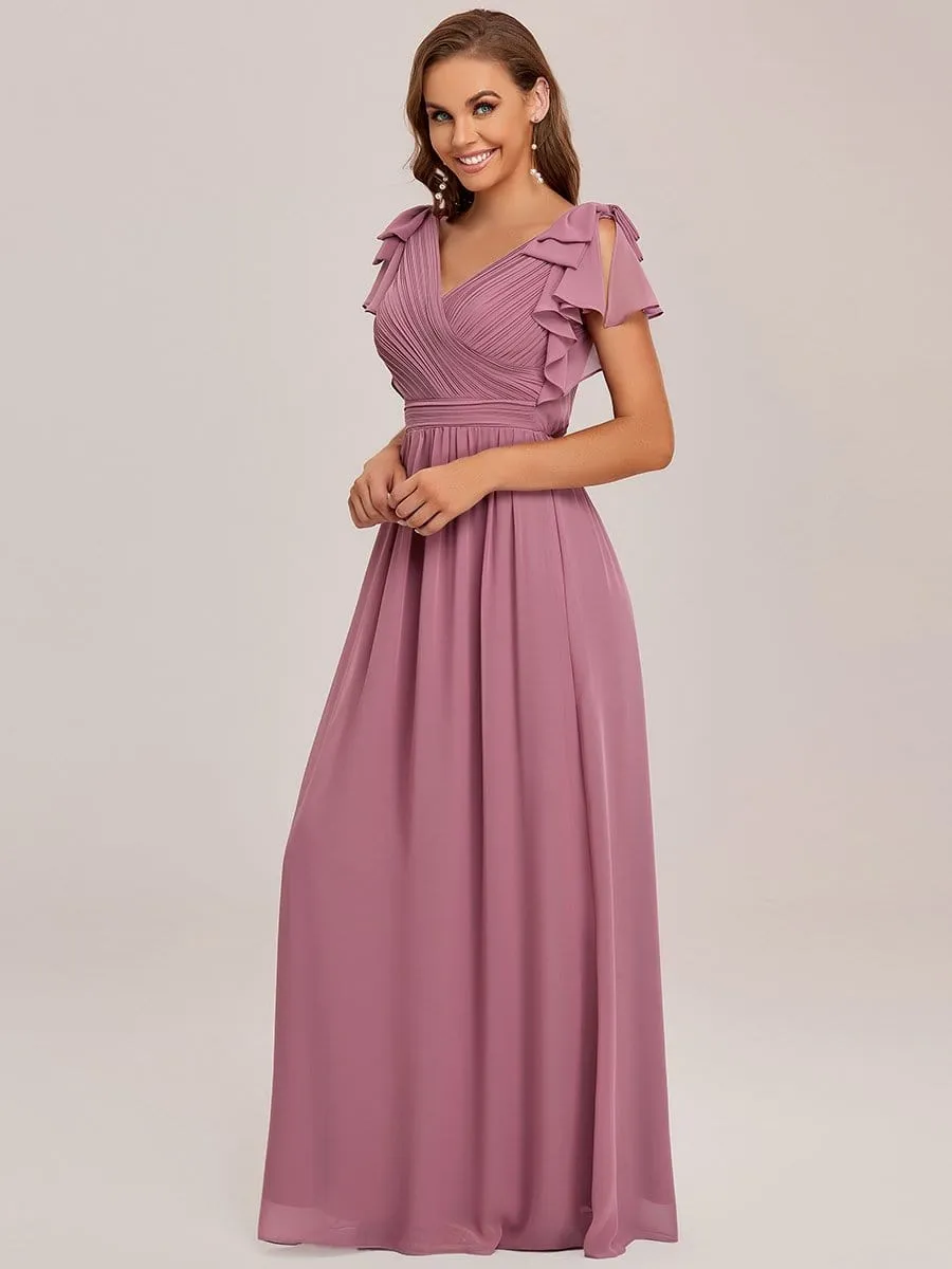 Elegant Pleated Bodice Ruffles Sleeves Chiffon Evening Dress