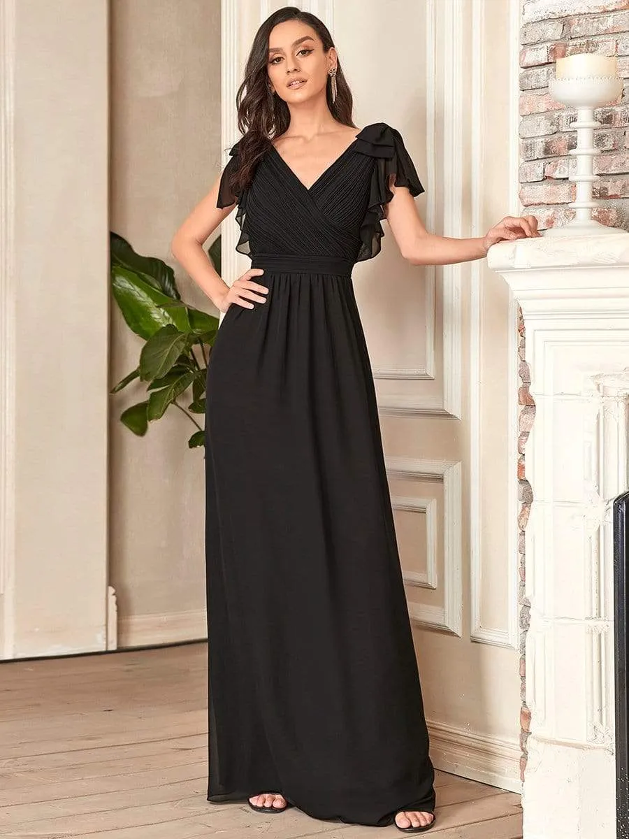 Elegant Pleated Bodice Ruffles Sleeves Chiffon Evening Dress