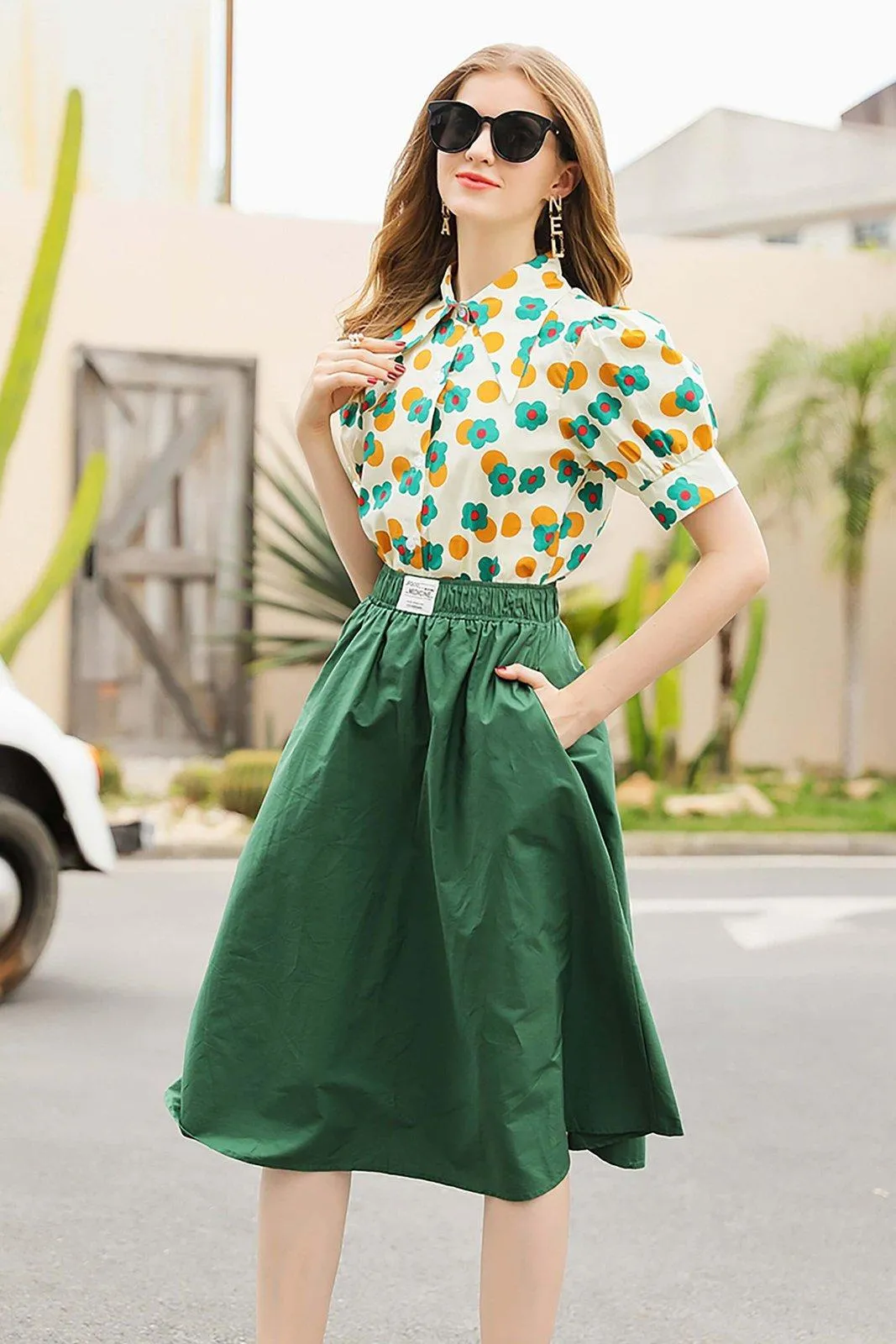 Floral Print Top & Green Skirt Two-piece Set