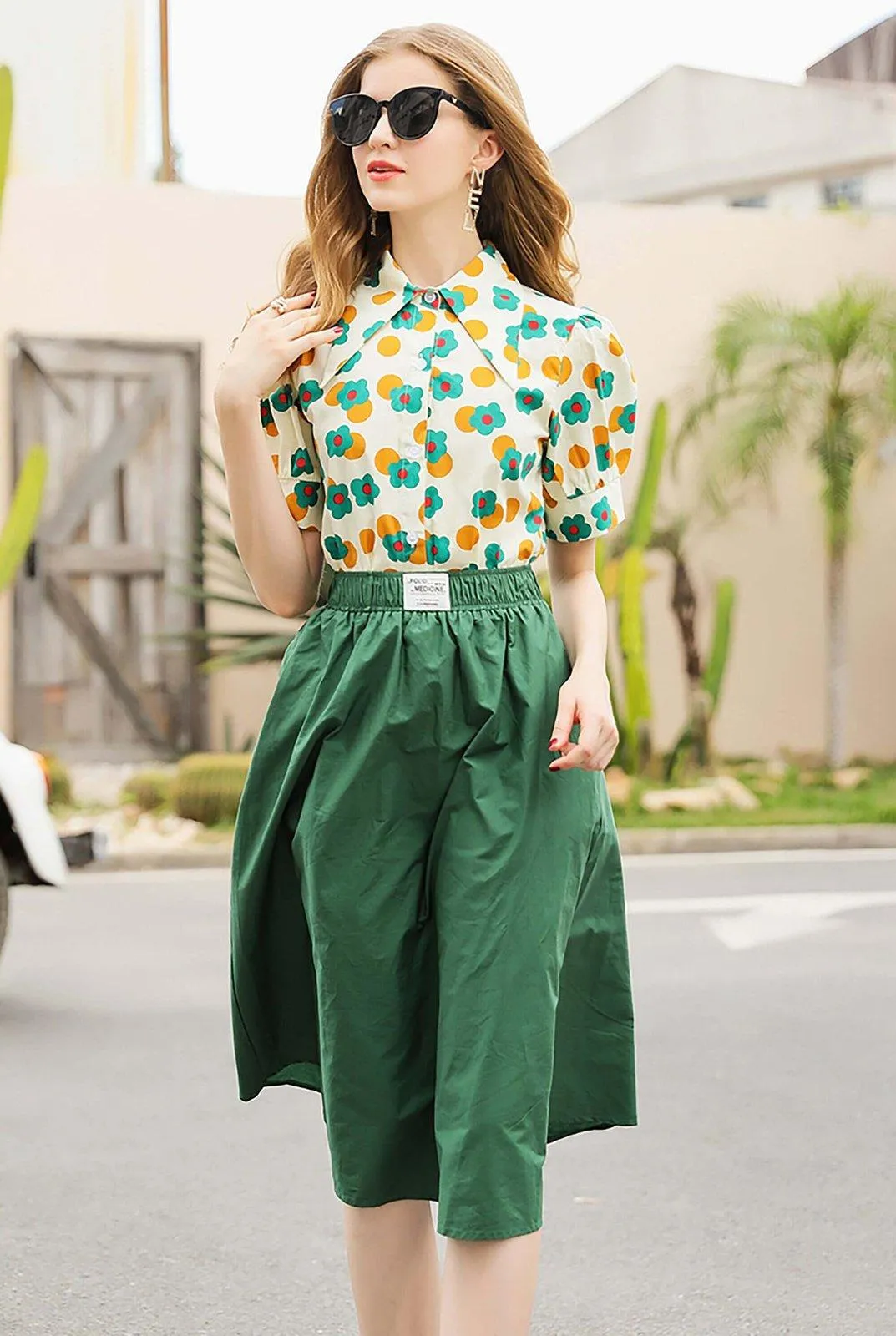 Floral Print Top & Green Skirt Two-piece Set