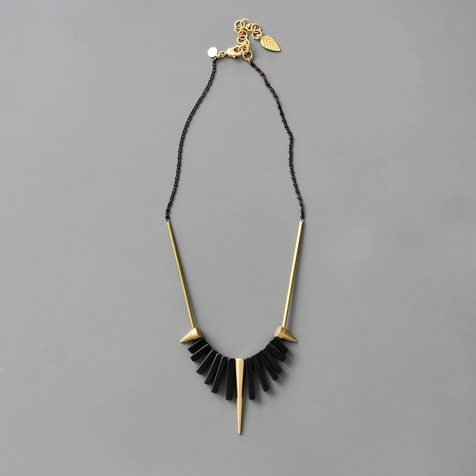 Geometric Black Agate and Brass Spike Necklace