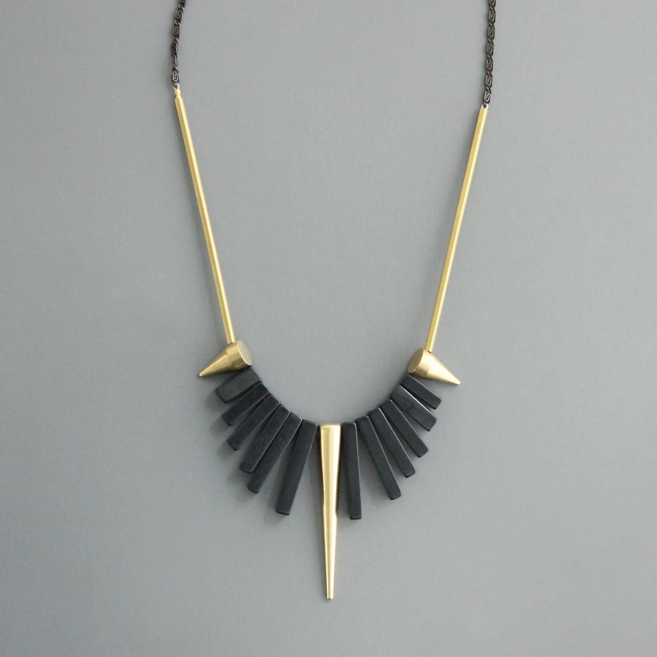 Geometric Black Agate and Brass Spike Necklace