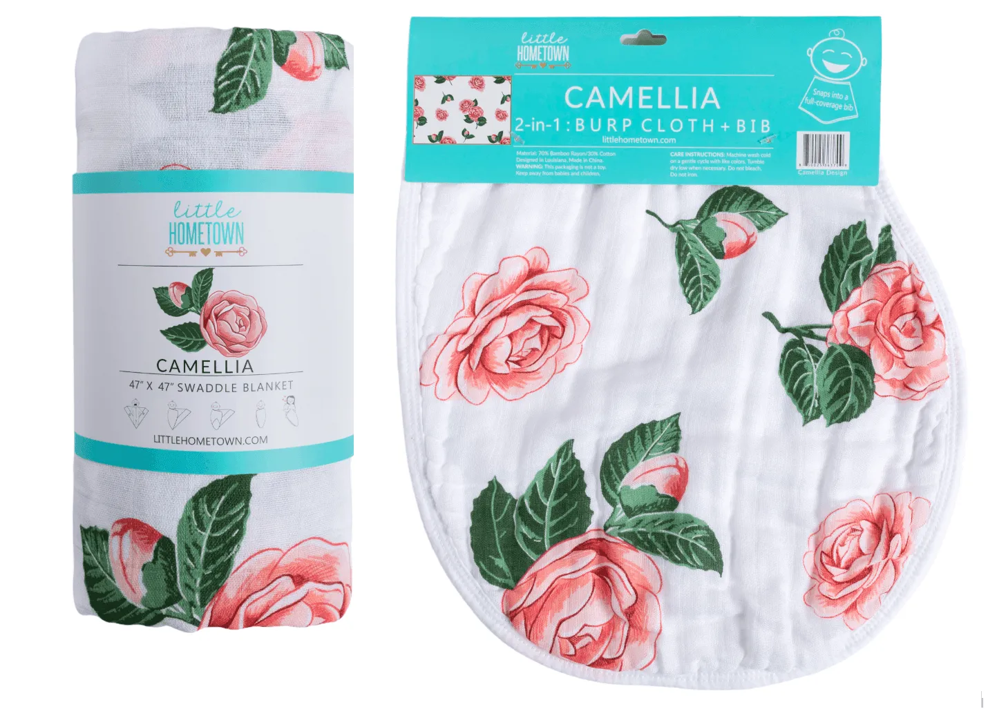 GiftSet: Camelia Baby Muslin Swaddle Blanket and Burp Cloth/Bib Combo