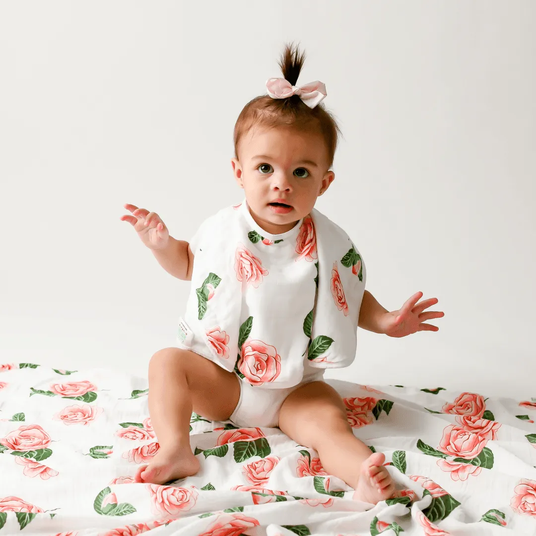 GiftSet: Camelia Baby Muslin Swaddle Blanket and Burp Cloth/Bib Combo