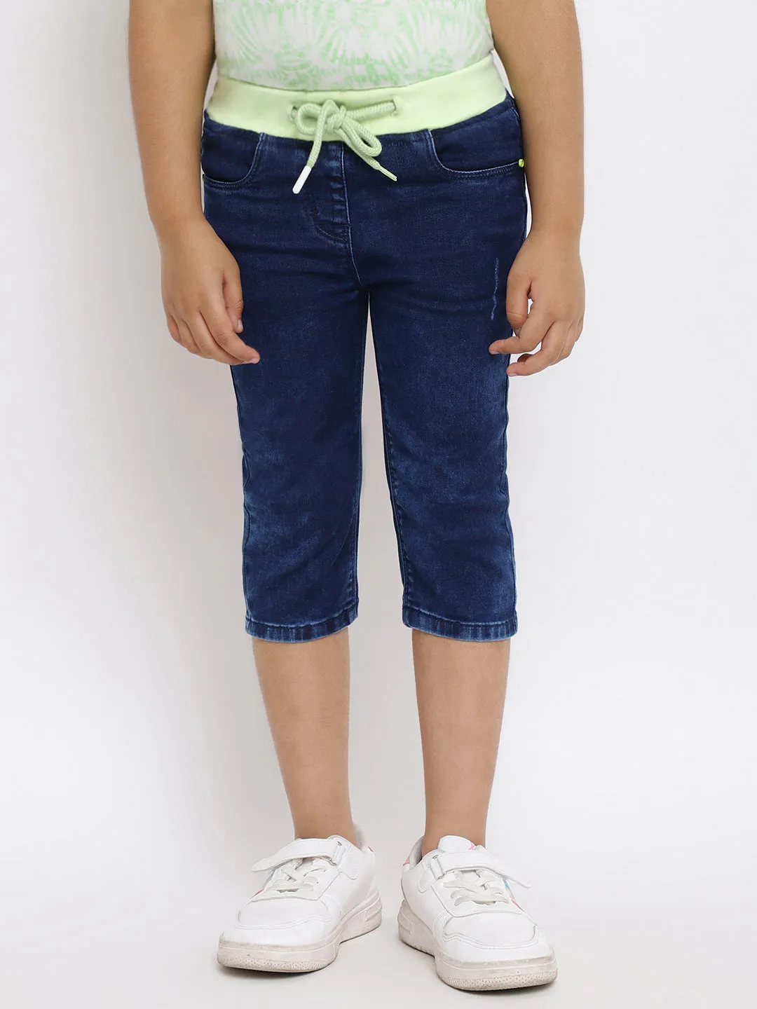 GIRLS SLIM FIT DARK BLUE CAPRI WITH LIME GREEN WAISTBAND