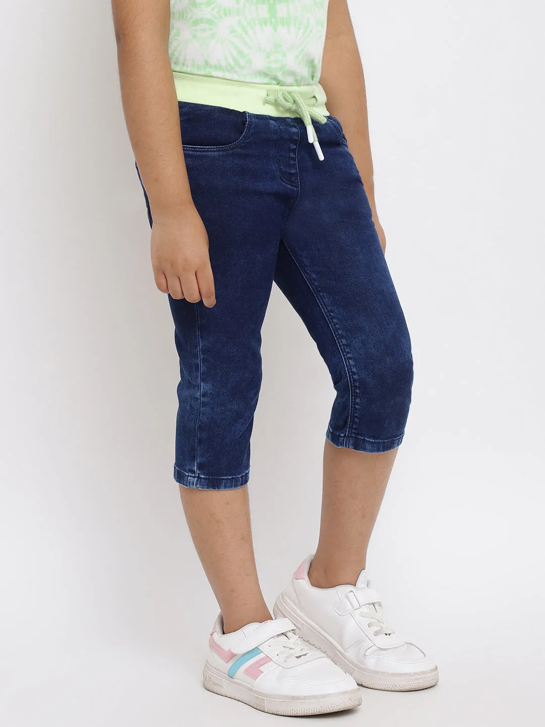 GIRLS SLIM FIT DARK BLUE CAPRI WITH LIME GREEN WAISTBAND