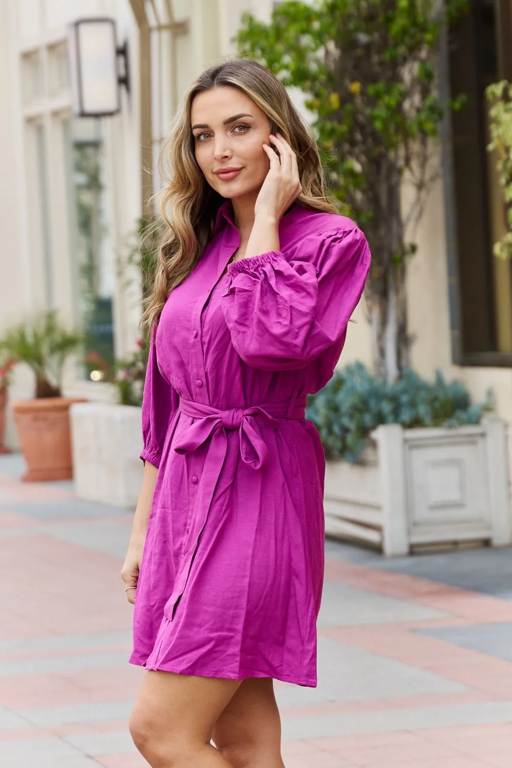 Half Sleeve Belted Mini Dress in Magenta