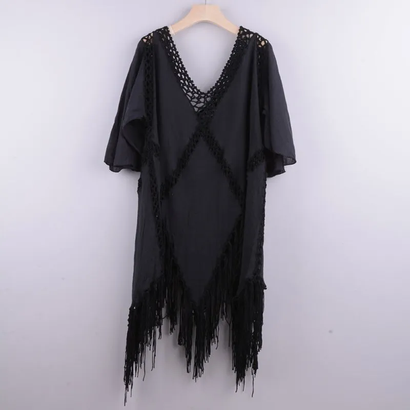 Hand Crocheting Splicing Sun Protection Jacket Tassel Irregular Asymmetric Bikini Beach Cover-up