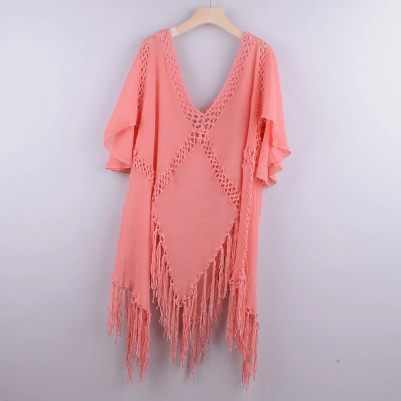 Hand Crocheting Splicing Sun Protection Jacket Tassel Irregular Asymmetric Bikini Beach Cover-up