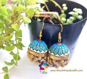 Handmade Terracotta Jhumkas in Gold ,Blue and White