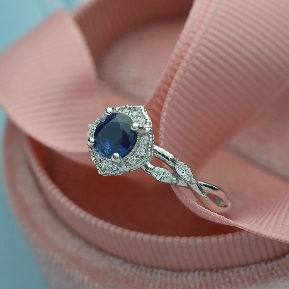 Haydee Vine Blue Sapphire / Aqua Marine / Pink Morganite Halo Engagement Ring with Marquise Diamonds