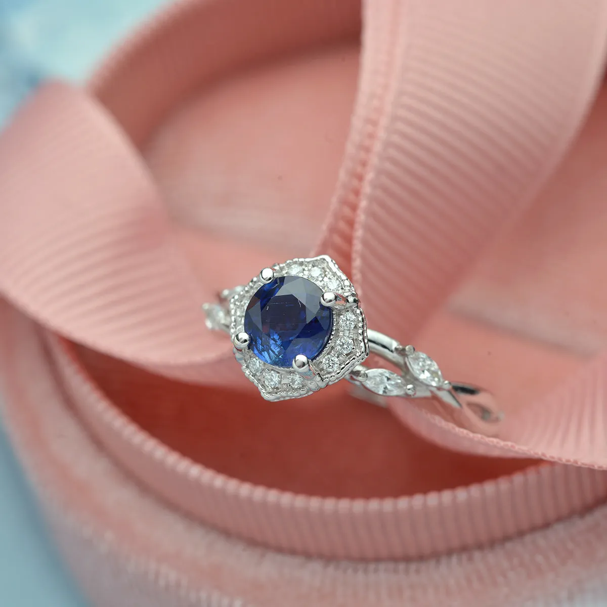 Haydee Vine Blue Sapphire / Aqua Marine / Pink Morganite Halo Engagement Ring with Marquise Diamonds