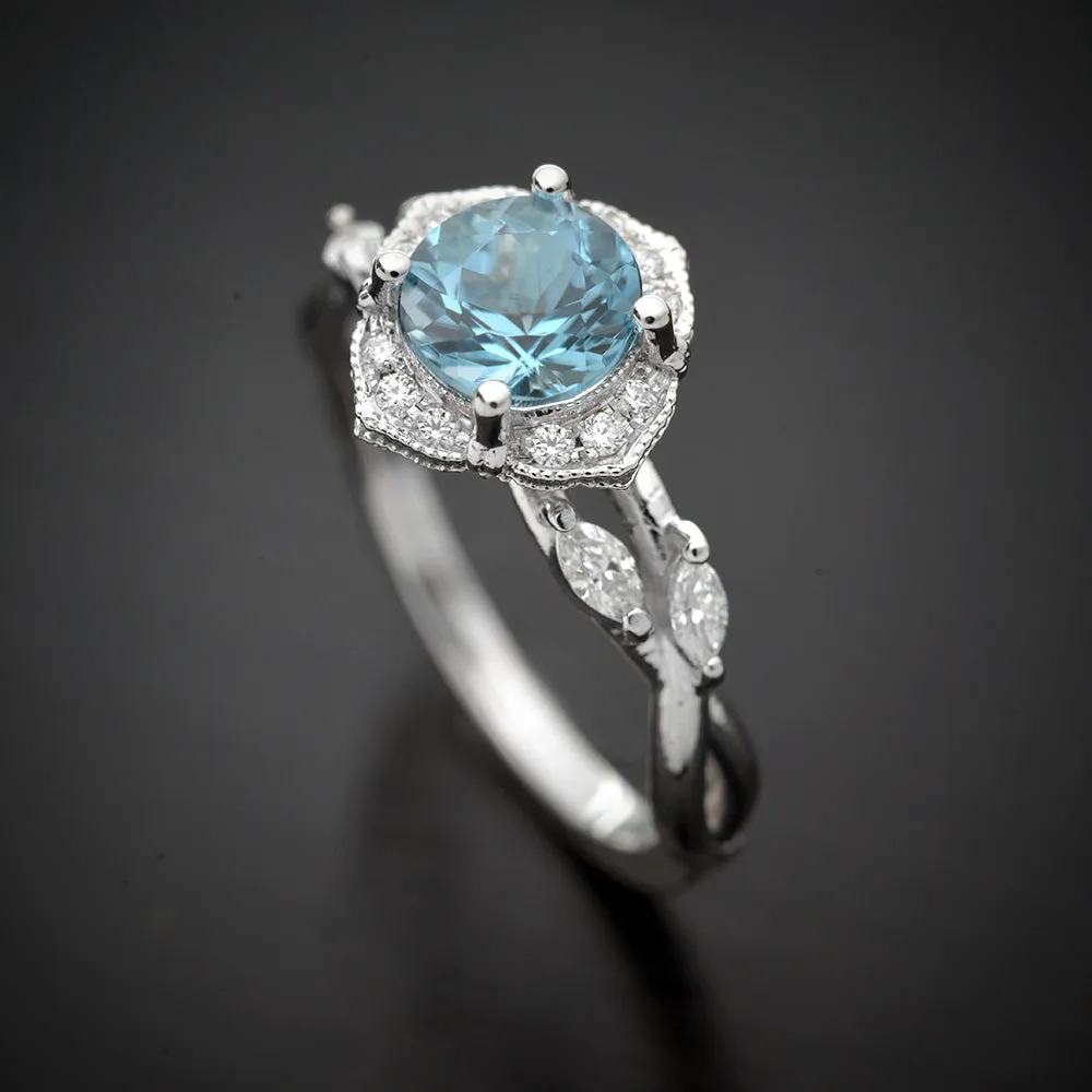 Haydee Vine Blue Sapphire / Aqua Marine / Pink Morganite Halo Engagement Ring with Marquise Diamonds