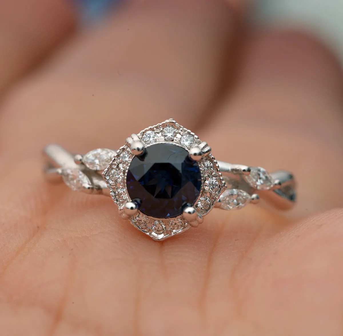 Haydee Vine Blue Sapphire / Aqua Marine / Pink Morganite Halo Engagement Ring with Marquise Diamonds