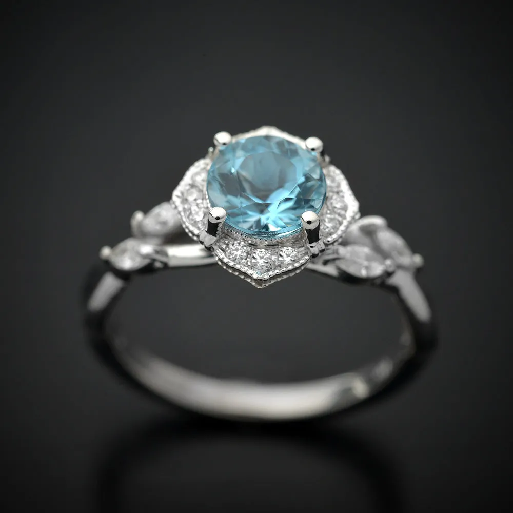 Haydee Vine Blue Sapphire / Aqua Marine / Pink Morganite Halo Engagement Ring with Marquise Diamonds