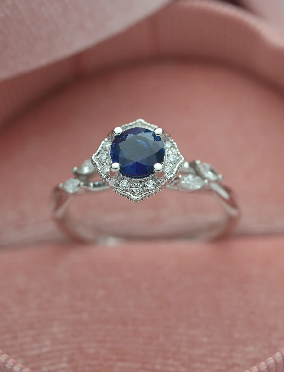 Haydee Vine Blue Sapphire / Aqua Marine / Pink Morganite Halo Engagement Ring with Marquise Diamonds