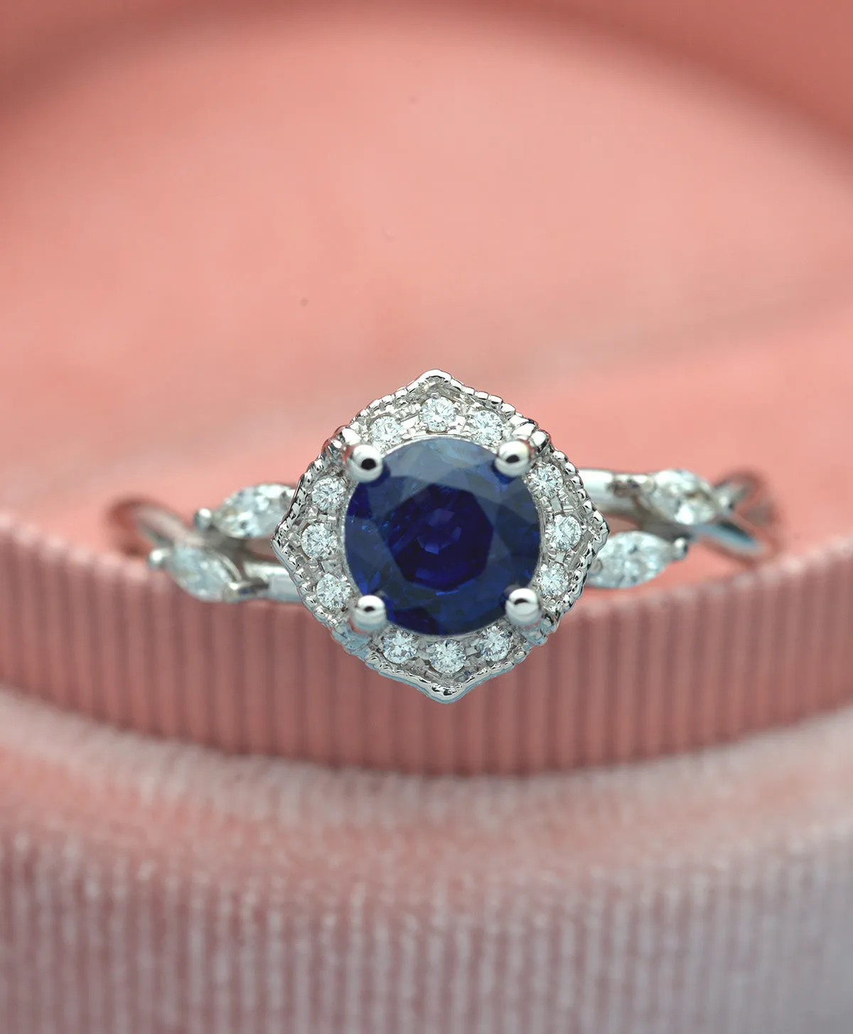 Haydee Vine Blue Sapphire / Aqua Marine / Pink Morganite Halo Engagement Ring with Marquise Diamonds