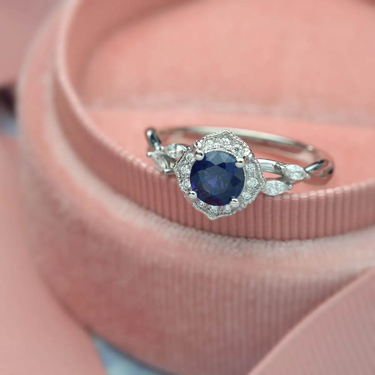 Haydee Vine Blue Sapphire / Aqua Marine / Pink Morganite Halo Engagement Ring with Marquise Diamonds