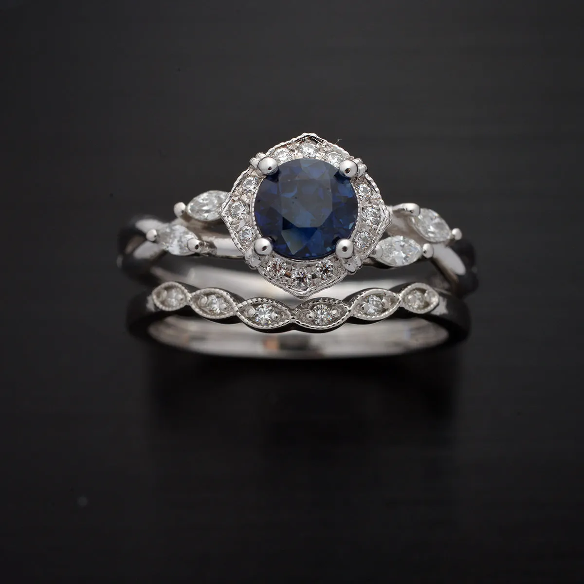 Haydee Vine Blue Sapphire / Aqua Marine / Pink Morganite Halo Engagement Ring with Marquise Diamonds