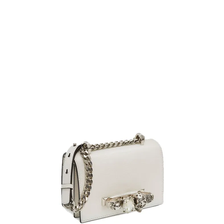 Jewelled Knuckle Satchel Mini Lizard, Deep Ivory/Silver