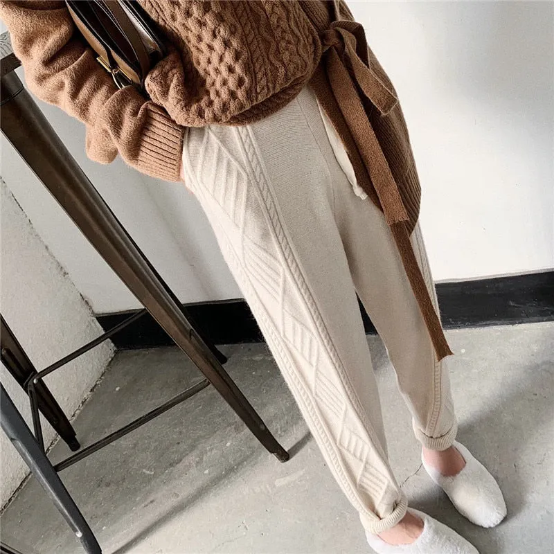 JXMYY Winter Thicken Women Harem Pants Casual Drawstring Twisted Knitted Pants Femme Chic Warm Female Sweater Trousers 2022