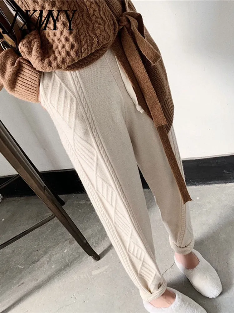 JXMYY Winter Thicken Women Harem Pants Casual Drawstring Twisted Knitted Pants Femme Chic Warm Female Sweater Trousers 2022