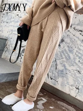 JXMYY Winter Thicken Women Harem Pants Casual Drawstring Twisted Knitted Pants Femme Chic Warm Female Sweater Trousers 2022